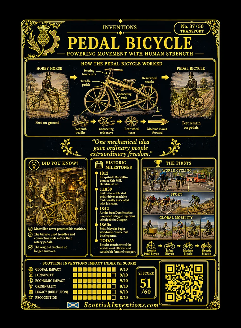 The Pedal Bicycle back — Scottish Inventions Collection The Pedal Bicycle card reverse — diagram comparing rotary front-wheel pedals with the reciprocating rear-wheel treadle drive attributed to Macmillan, Kirkpatrick Macmillan timeline from 1812 to 1878, note on the priority dispute and unresolved evidence