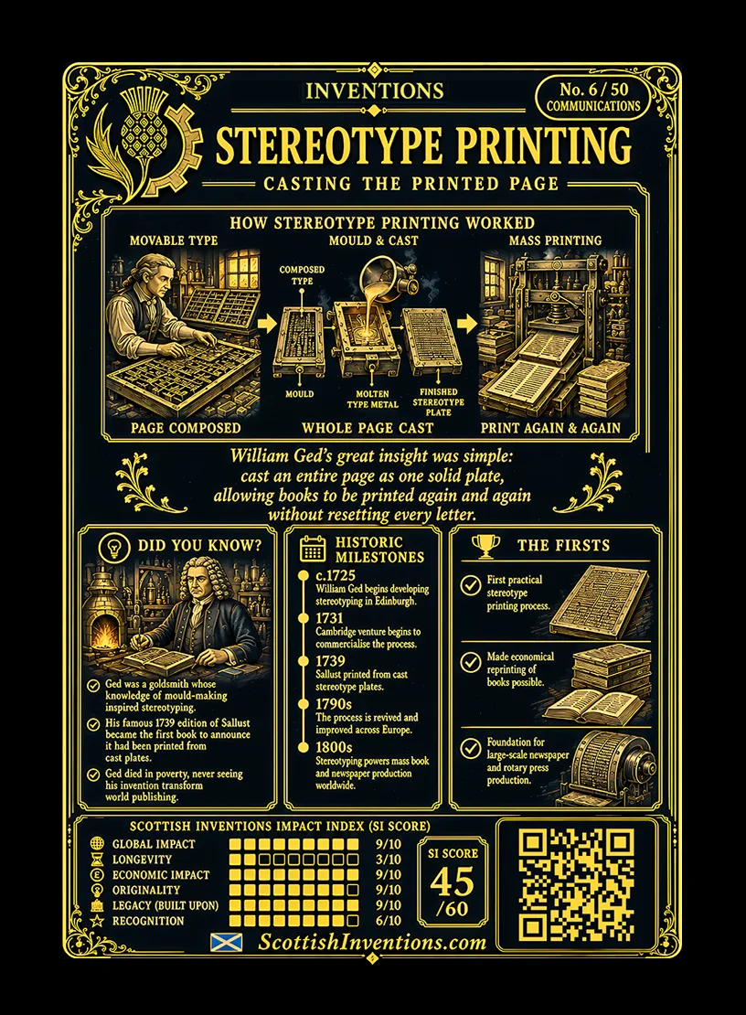 Stereotype Printing / Stereotype Printing Back back — Scottish Inventions Collection Stereotype Printing card reverse — diagram explaining how William Ged's stereotype printing process converted movable type into reusable cast metal printing plates, timeline from the 1725 privilege through the landmark 1739 Sallust edition, plus historical context explaining the invention's global impact on publishing.