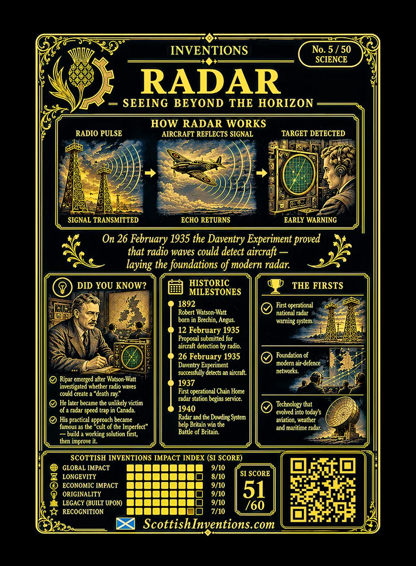 Radar back — Scottish Inventions Collection Radar card reverse — the radar equation, Chain Home timeline, Battle of Britain, and impact of Sir Robert Watson-Watt's radar invention