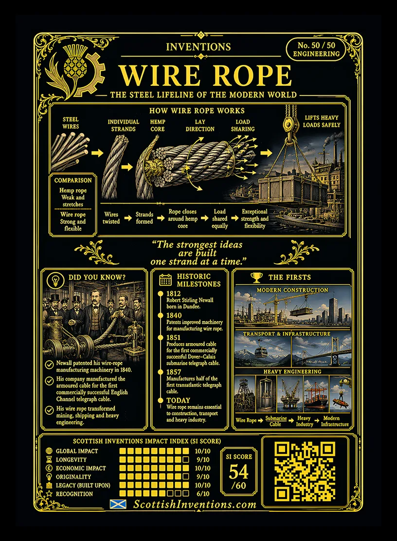 Wire Rope / Wire Rope Back back — Scottish Inventions Collection Wire Rope card reverse — engineering diagram explaining the construction of wire rope with hemp core and twisted steel strands, Robert Stirling Newall timeline from 1840 patent to the first Atlantic cable, plus historical context explaining his industrialisation of wire-rope manufacture.