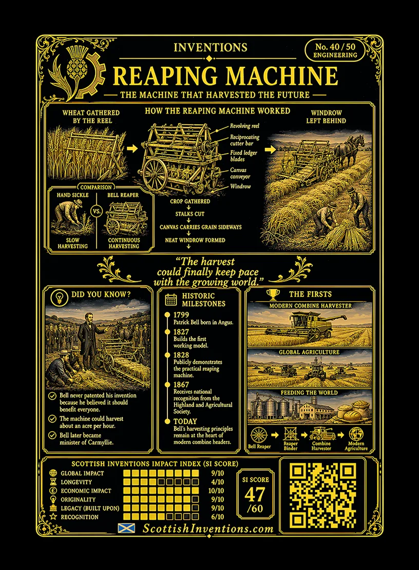 Mechanical Reaping Machine / Mechanical Reaping Machine Back back — Scottish Inventions Collection Mechanical Reaping Machine card reverse — engineering diagram explaining Patrick Bell's revolving reel, reciprocating cutter and canvas conveyor, timeline from the Mid Leoch prototype to the Highland Agricultural Society award, plus historical context explaining its influence on the modern combine harvester.