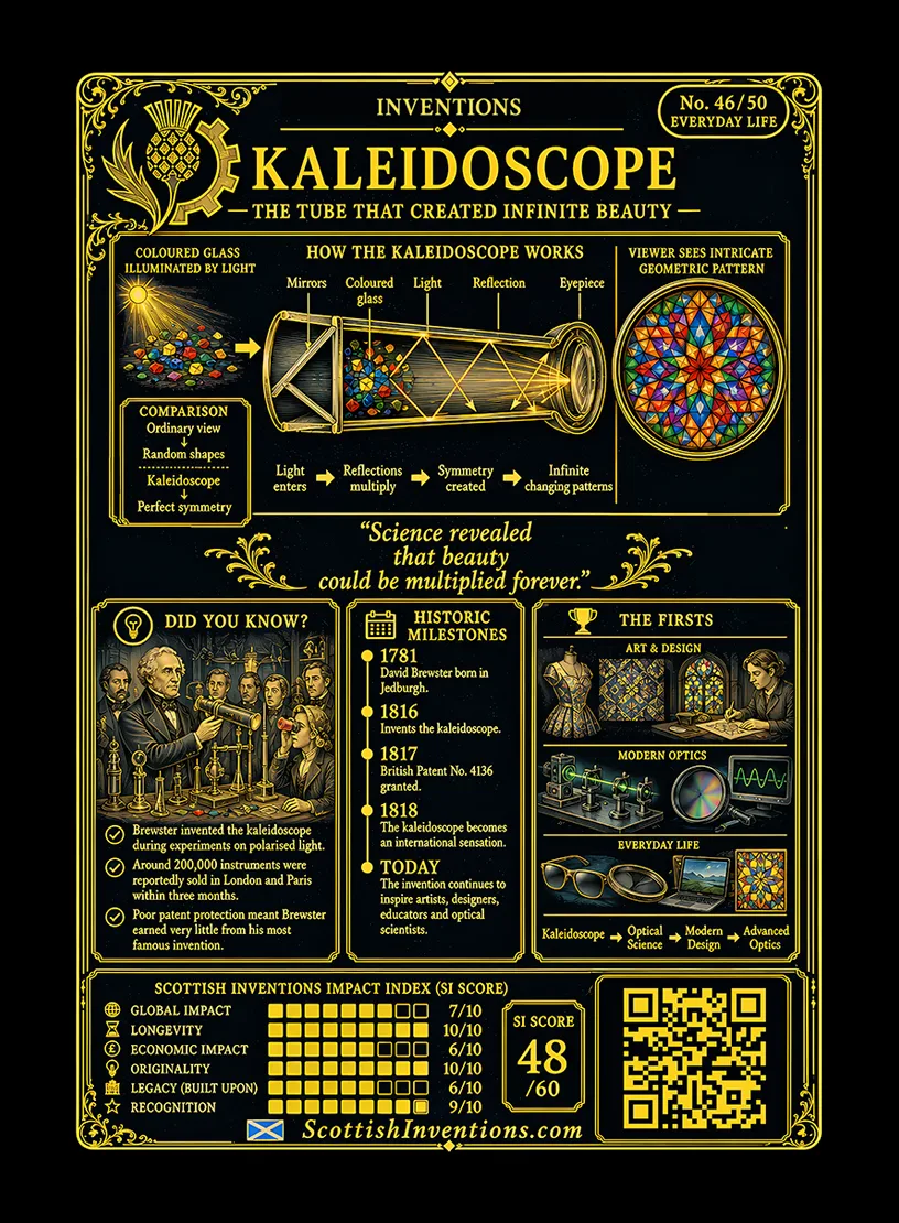 The Kaleidoscope back — Scottish Inventions Collection The Kaleidoscope card reverse — Brewster's angle formula tan theta B equals n2 over n1, the law of light polarisation, Sir David Brewster timeline from 1781 to 1849, myth-busting note on the kaleidoscope's manufacturer and a misattributed Beatles song