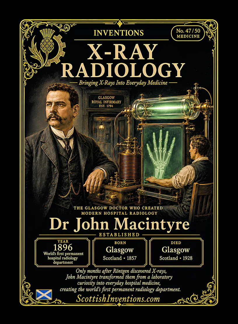 X-Ray Radiology / X-Ray Radiology Back — Scottish Inventions Collection X-Ray Radiology collectible card — Dr John Macintyre, born Glasgow Scotland 1857, died Glasgow Scotland 1928, founder of the world's first permanent hospital radiology department at Glasgow Royal Infirmary in 1896, Scottish Inventions Collection No. 47 of 50.