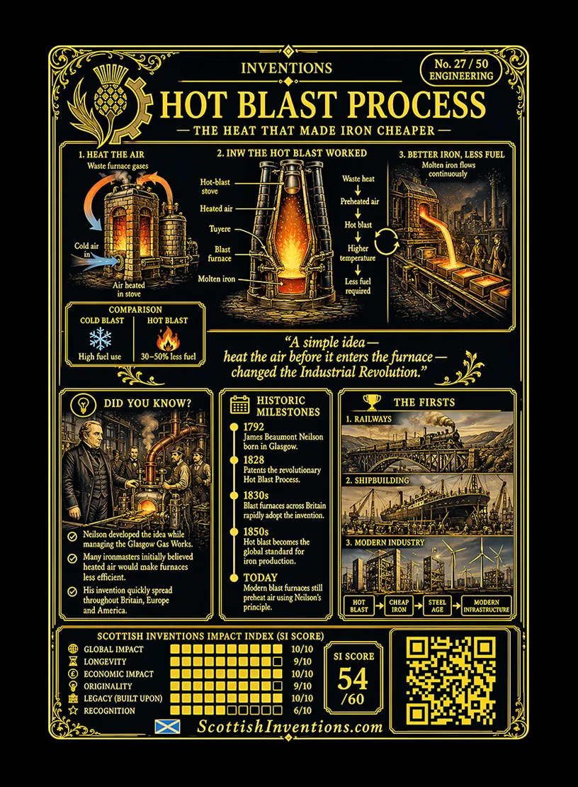 The Hot Blast Process / The Hot Blast Process Back back — Scottish Inventions Collection The Hot Blast Process reverse card showing how waste heat was used to preheat furnace air, James Beaumont Neilson timeline from 1792 to 1865, myth-busting panel explaining that he did not invent the blast furnace itself, and the impact of hot blast technology on iron production and the Industrial Revolution.