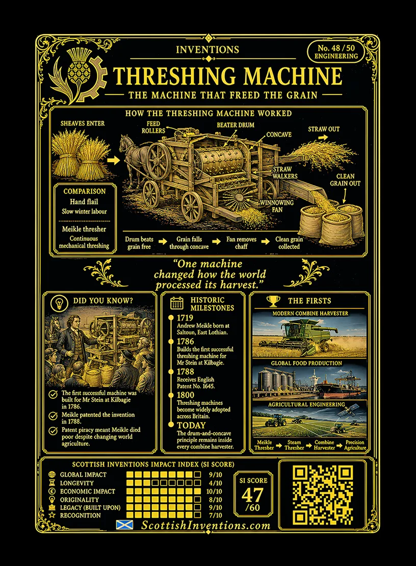 The Threshing Machine back — Scottish Inventions Collection The Threshing Machine card reverse — diagram of the drum and concave mechanism with wheat entering and grain falling free, Andrew Meikle timeline from 1719 to 1788, myth-busting note on the Kilbagie location and the Arthur Young subscription claim