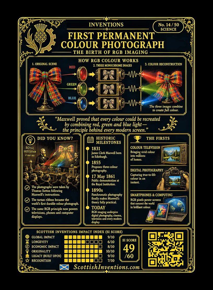 The First Colour Photograph / The First Colour Photograph Back back — Scottish Inventions Collection The First Colour Photograph card reverse — RGB additive colour mixing diagram showing three overlapping circles of red green and blue light combining to white, Maxwell timeline from 1831 to 1961 Kodak investigation, myth-busting note that the widely shared colour image is a 1930s VIVEX print not the 1861 original, Did You Know that photographer Thomas Sutton took the actual pictures and the red channel was accidentally captured by ultraviolet light