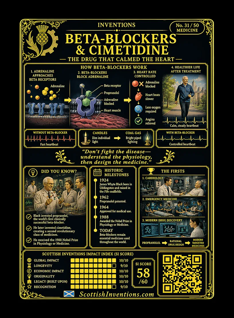 Beta-Blockers & Cimetidine back — Scottish Inventions Collection Beta-Blockers and Cimetidine card reverse — lock and key diagram showing how propranolol blocks adrenaline receptors, Sir James Black timeline from 1924 to 1988, note on evolving evidence for beta-blockers after heart attacks