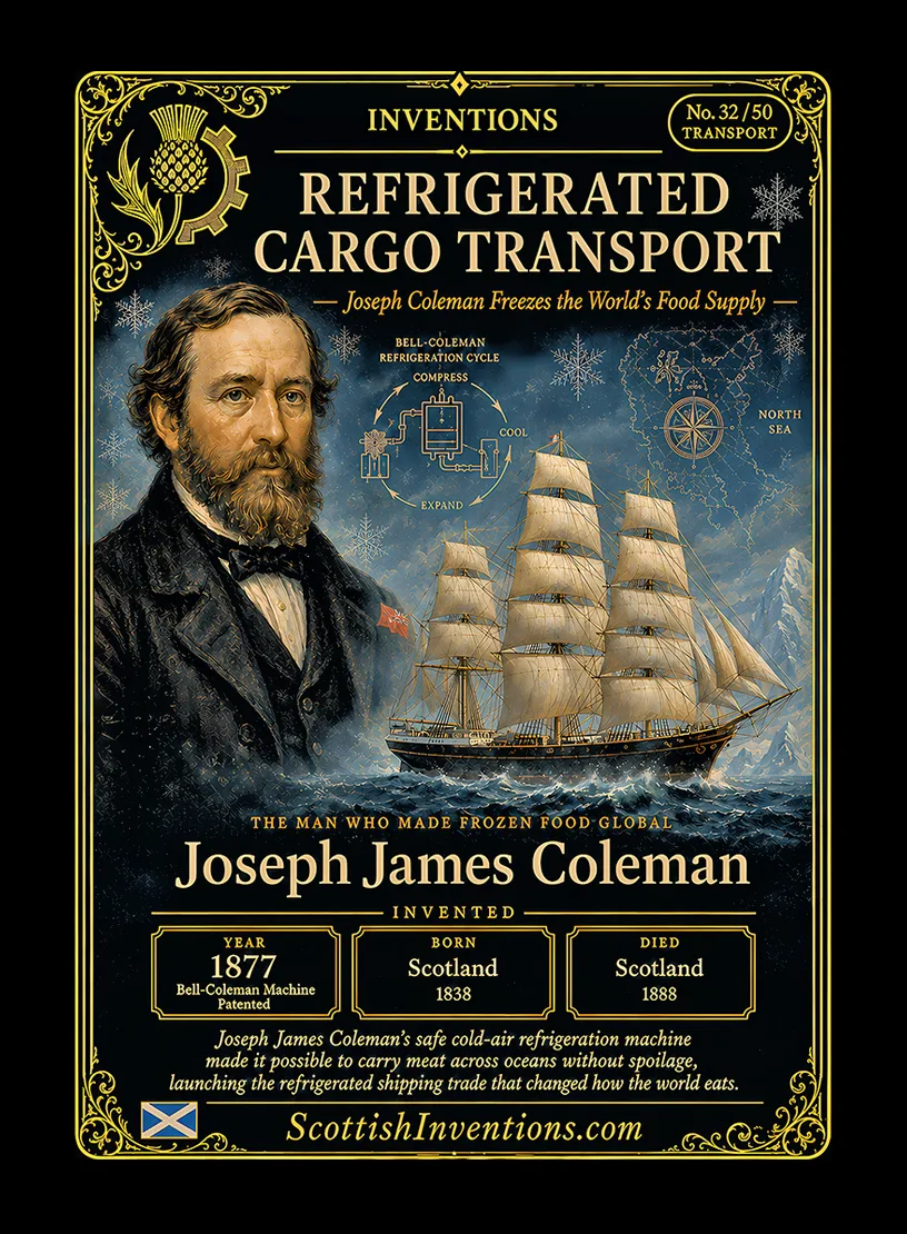 Refrigerated Cargo Transport / Refrigerated Cargo Transport Back — Scottish Inventions Collection Refrigerated Cargo Transport collectible card — Joseph James Coleman, born Scotland 1838, died Scotland 1888, inventor of the Bell-Coleman air refrigeration machine, patented in 1877, which made long-distance refrigerated shipping practical, Scottish Inventions Collection No. 32 of 50.