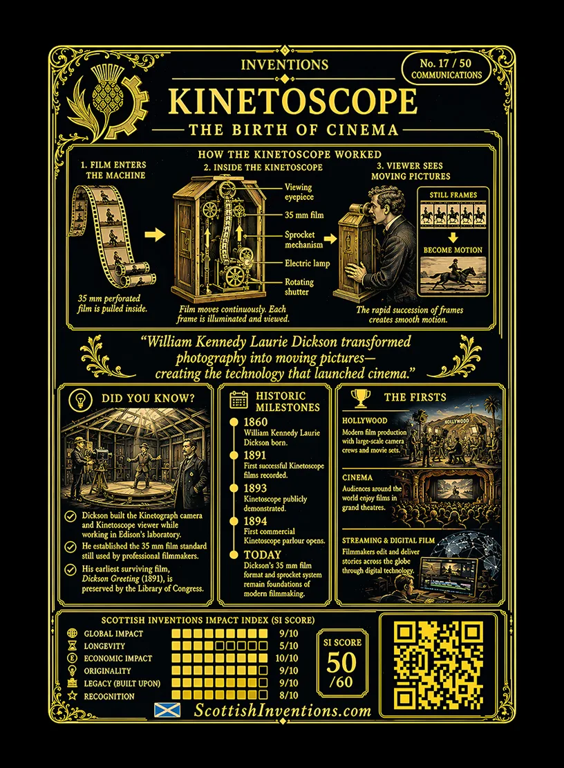 Kinetoscope back — Scottish Inventions Collection Kinetoscope card reverse — how cinema works, William Kennedy Dickson timeline, Edison's lab, the 35mm film standard, and myth-busted facts about the birth of cinema