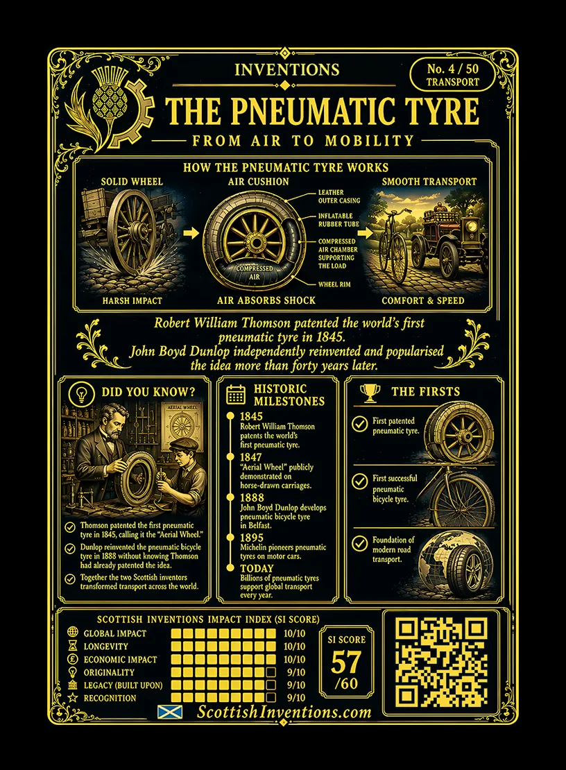 The Pneumatic Tyre / The Pneumatic Tyre Back back — Scottish Inventions Collection The Pneumatic Tyre card reverse — how the pneumatic tyre works from solid wheel to air cushion to smooth transport, milestones from Thomson's 1845 patent and 1847 Aerial Wheel demonstration to Dunlop's 1888 bicycle tyre and Michelin's 1895 motor-car tyres, plus the Scottish Inventions Impact Index score of 57 out of 60