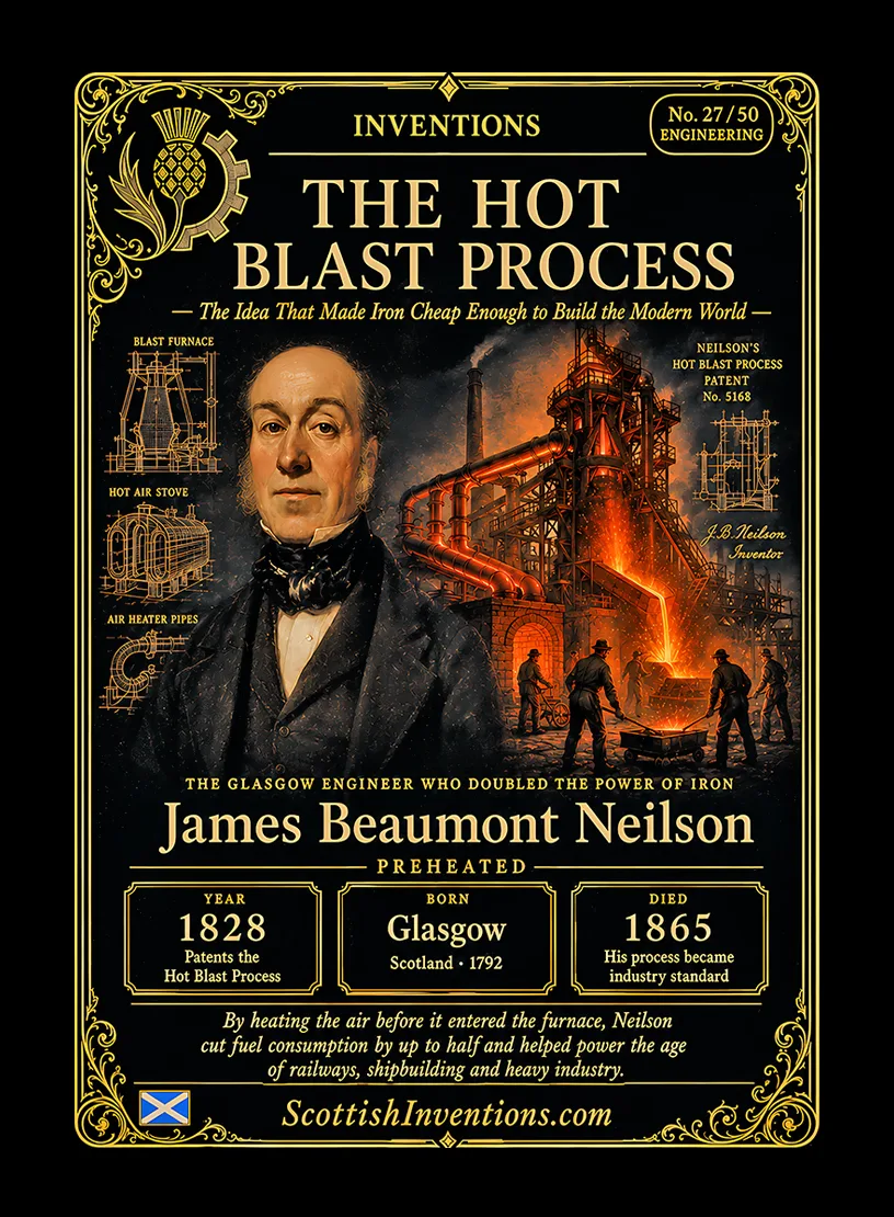 The Hot Blast Process / The Hot Blast Process Back — Scottish Inventions Collection The Hot Blast Process collectible card — James Beaumont Neilson, born Glasgow Scotland in 1792, patented the Hot Blast Process in 1828 by preheating air before it entered blast furnaces, dramatically reducing fuel consumption and helping fuel the expansion of railways, shipbuilding and Victorian industry.