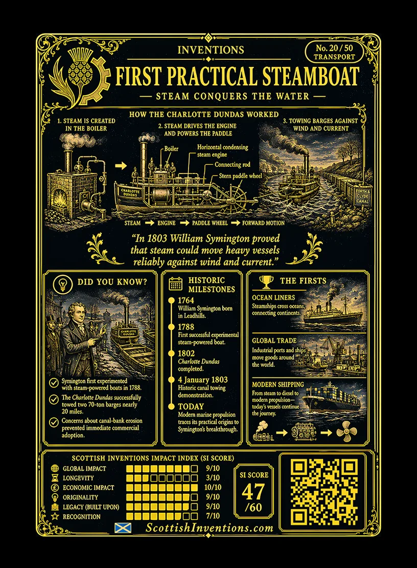 The Charlotte Dundas / The Charlotte Dundas Back back — Scottish Inventions Collection The Charlotte Dundas card reverse — simple diagram showing how a steam engine powered paddle wheels to tow heavy canal barges, with timeline covering William Symington's pioneering steam navigation achievements and the birth of practical steam-powered transport