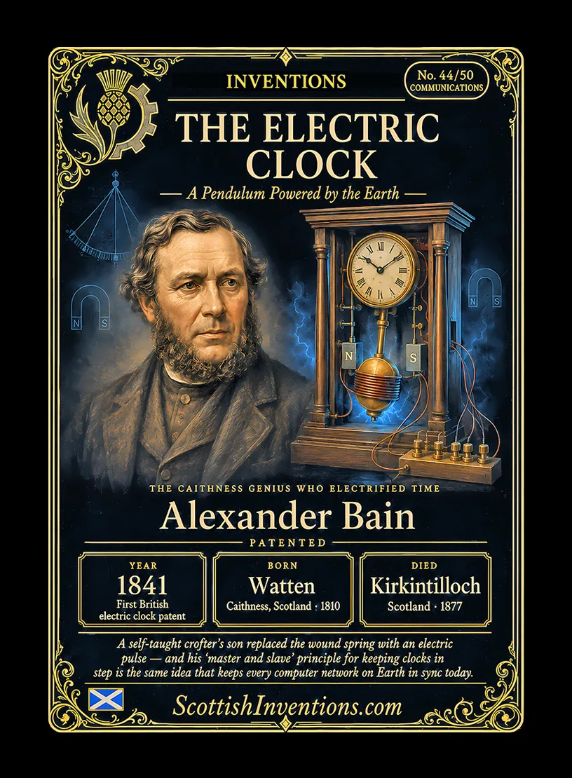 The Electric Clock — Scottish Inventions Collection The Electric Clock collectible card — Alexander Bain, born Watten Caithness Scotland 1810, died Kirkintilloch Scotland 1877, patented the first British electric clock in 1841, inventing the master-and-slave principle for synchronising clocks, Scottish Inventions Collection No. 44 of 50