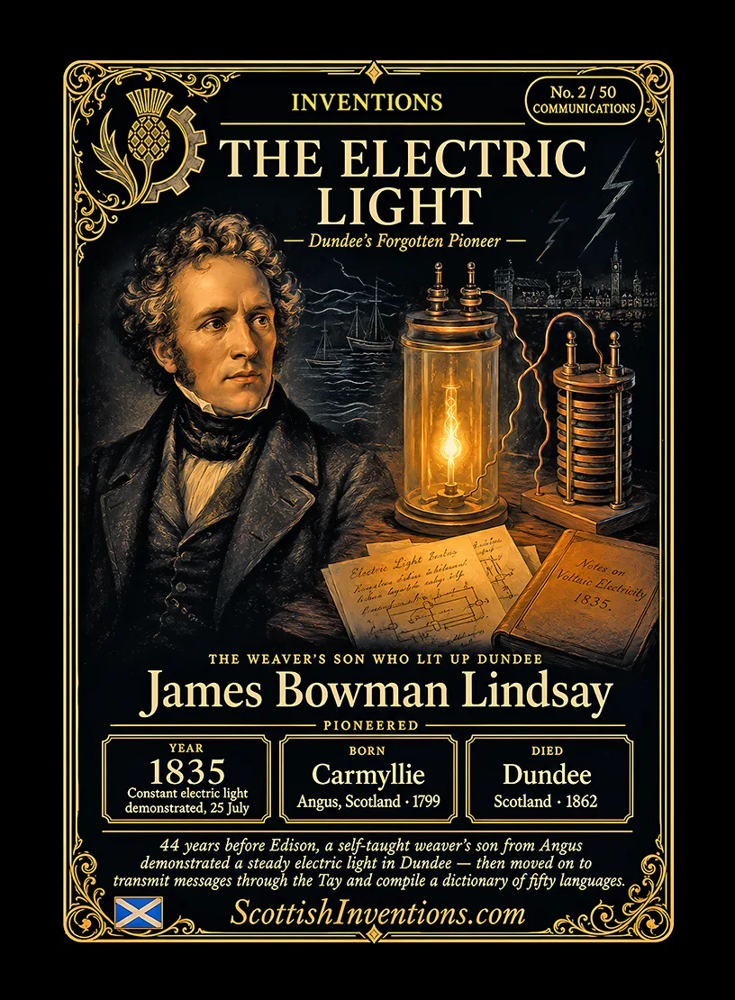 The Electric Light / The Electric Light Back — Scottish Inventions Collection The Electric Light collectible card — James Bowman Lindsay, born Carmyllie Angus Scotland 1799, died Dundee Scotland 1862, pioneered a constant electric light demonstrated in Dundee on 25 July 1835, 44 years before Edison and Swan's practical lamps, Scottish Inventions Collection No. 2 of 50