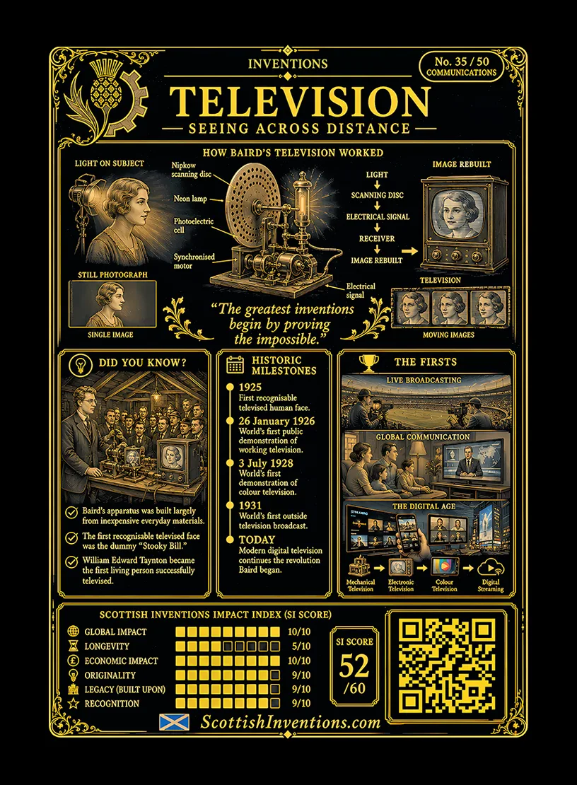 Television back — Scottish Inventions Collection Television card reverse — simple three-stage diagram showing the spinning Nipkow scanning disc, electrical signal transmission and image reconstruction; timeline from Baird's first televised human image in 1925 to colour television and the first transatlantic television broadcast in 1928; explains how mechanical television became the foundation of modern broadcasting.