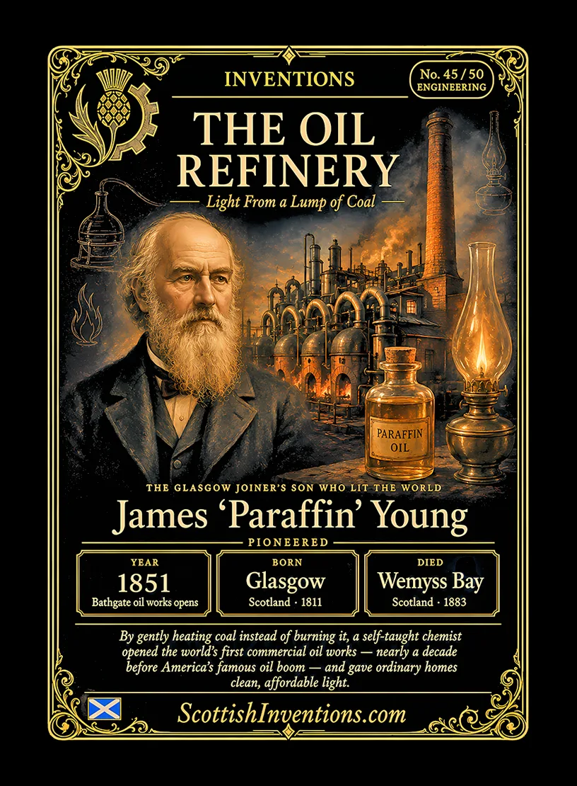 The Oil Refinery — Scottish Inventions Collection The Oil Refinery collectible card — James 'Paraffin' Young, born Glasgow Scotland 1811, died Wemyss Bay Scotland 1883, opened the world's first commercial mineral oil refinery at Bathgate in 1851, nearly a decade before Edwin Drake's famous oil well, Scottish Inventions Collection No. 45 of 50