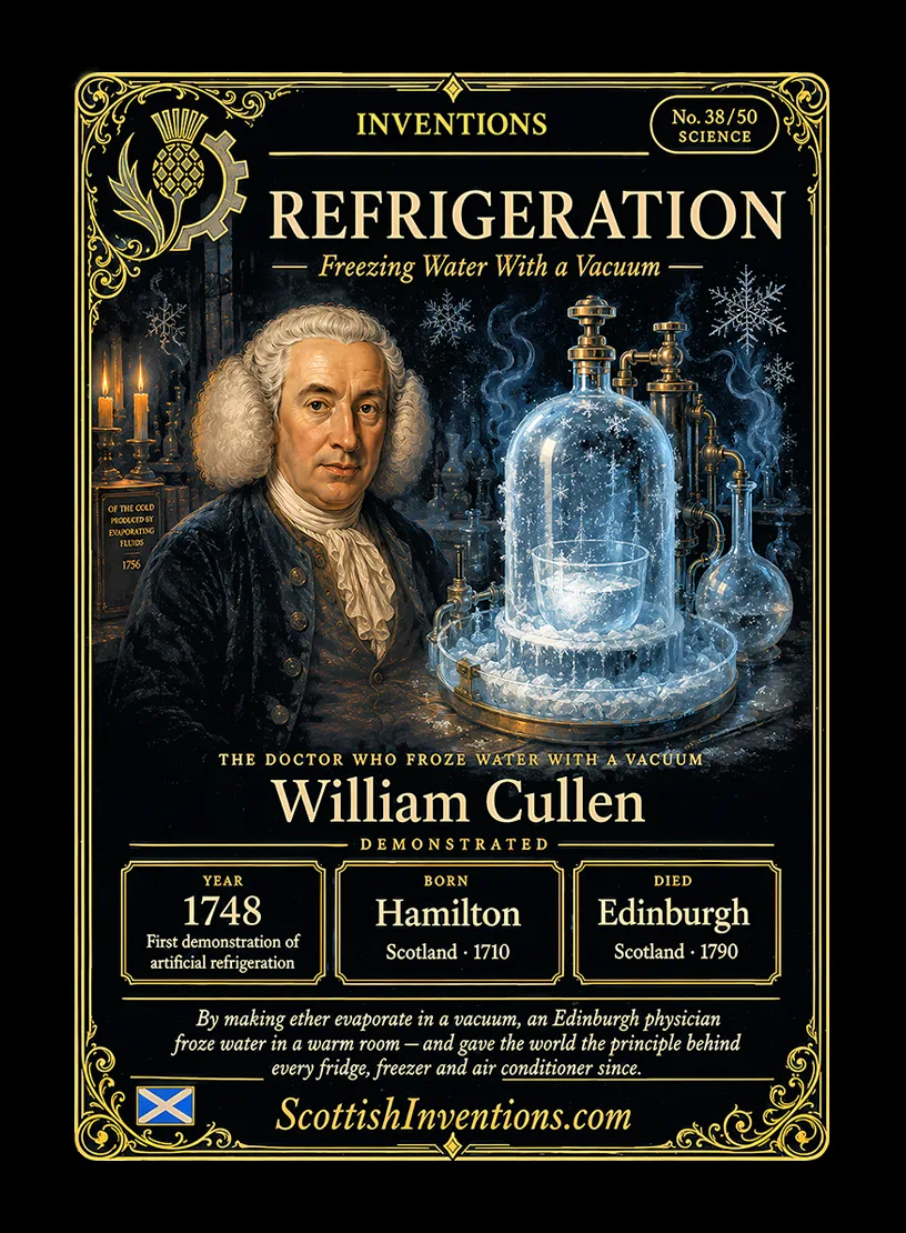 Refrigeration — Scottish Inventions Collection Refrigeration collectible card — William Cullen, born Hamilton Scotland 1710, died Edinburgh Scotland 1790, demonstrated artificial refrigeration in 1748 at the University of Glasgow by freezing water using ether evaporation in a vacuum, Scottish Inventions Collection No. 38 of 50