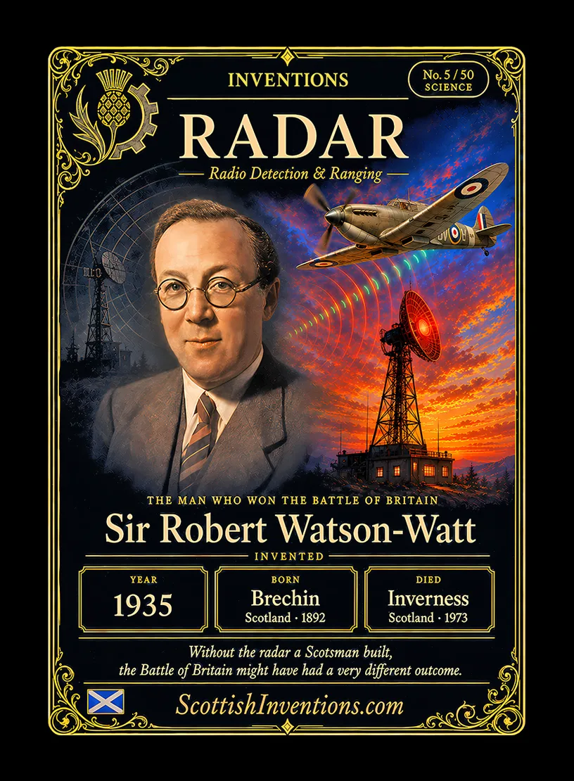 Radar — Scottish Inventions Collection Radar collectible card — Sir Robert Watson-Watt, Brechin Scotland 1892–1973, inventor of radar and the Chain Home defence system, Scottish Inventions Collection No. 5 of 50