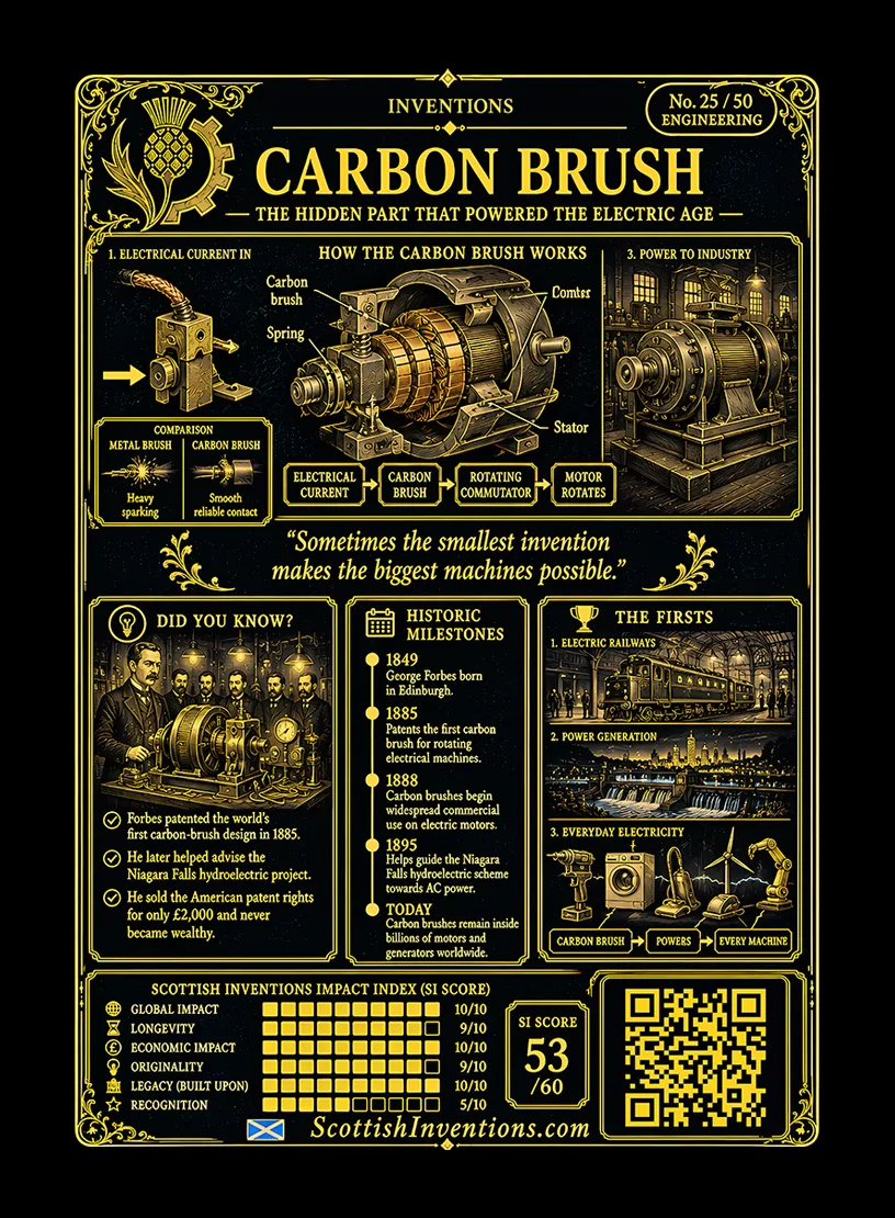The Carbon Brush back — Scottish Inventions Collection The Carbon Brush card reverse — why carbon works diagram from sparking metal brush to smooth carbon brush to reliable motor, George Forbes timeline 1849 to 1895 including the Niagara Falls hydroelectric project