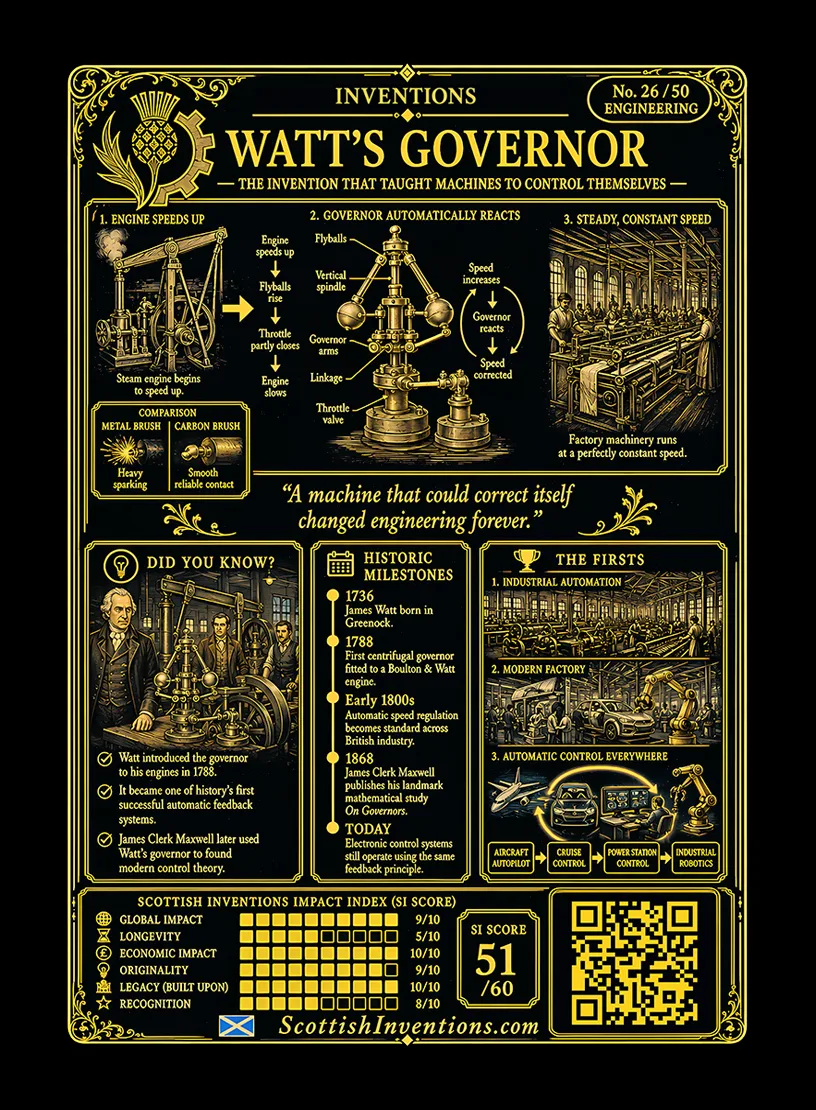 Watt's Governor / Watt's Governor Back back — Scottish Inventions Collection Watt's Governor card reverse showing how the centrifugal governor automatically controls steam engine speed through mechanical feedback, with engineering diagram, historical timeline and its legacy in modern automation and control theory