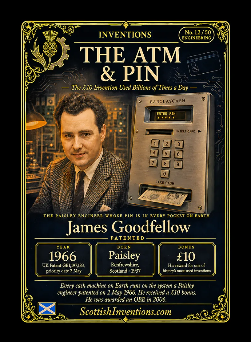 The ATM and PIN — Scottish Inventions Collection The ATM and PIN collectible card — James Goodfellow, born Paisley Renfrewshire Scotland 1937, patented the card and PIN cash machine system on 2 May 1966 in UK Patent GB1197183, one year before the first ATM was installed at Barclays Enfield, received a ten pound bonus and an OBE in 2006, Scottish Inventions Collection No. 12 of 50
