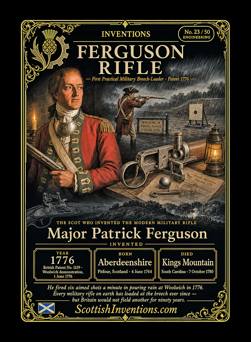 The Ferguson Rifle / The Ferguson Rifle Back — Scottish Inventions Collection The Ferguson Rifle collectible card — Major Patrick Ferguson's revolutionary breech-loading rifle, patented and demonstrated in 1776, capable of rapid loading and firing in wet conditions decades ahead of its time, Scottish Inventions Collection No. 23 of 50
