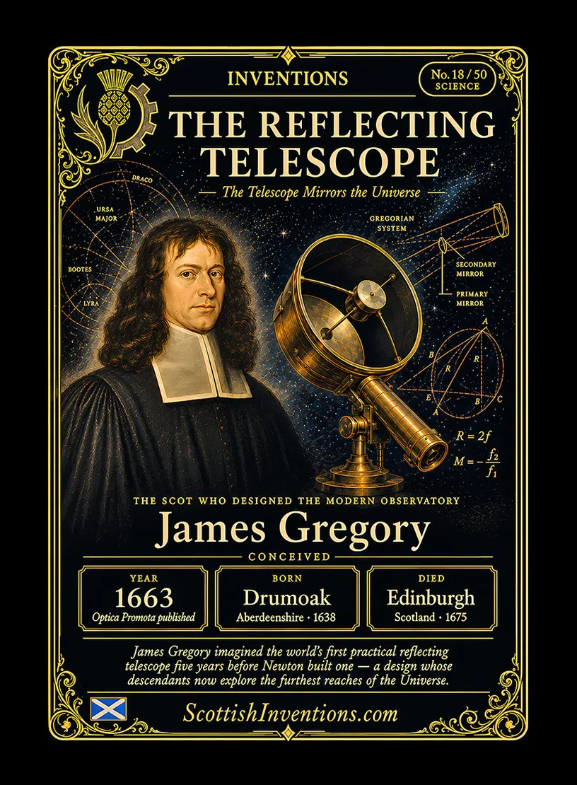 The Reflecting Telescope / The Reflecting Telescope Back — Scottish Inventions Collection The Reflecting Telescope collectible card — James Gregory of Drumoak, Aberdeenshire, published the design for the world's first practical reflecting telescope in Optica Promota (1663), Scottish Inventions Collection No. 18 of 50