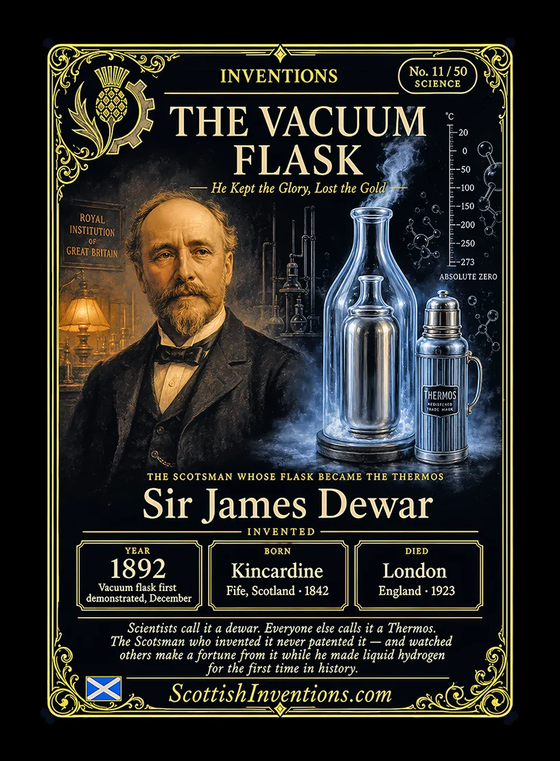 The Vacuum Flask / The Vacuum Flask Back — Scottish Inventions Collection The Vacuum Flask collectible card — Sir James Dewar, born Kincardine-on-Forth, Fife, Scotland 20 September 1842, invented the vacuum flask in 1892 while researching liquefied gases at the Royal Institution, Scottish Inventions Collection No. 11 of 50