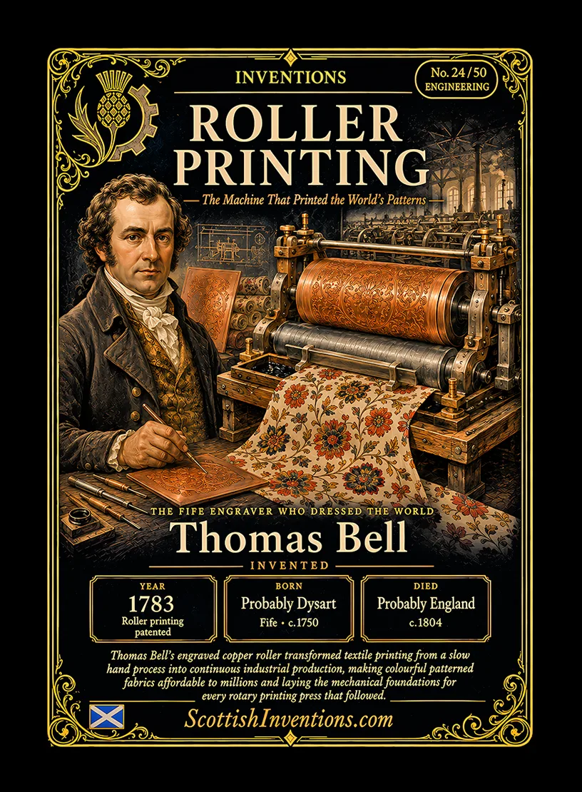 Roller Printing / Roller Printing Back — Scottish Inventions Collection Roller Printing collectible card — Thomas Bell, Scottish engineer and engraver, inventor of the world's first practical roller printing machine, patented in 1783. Features engraved copper printing cylinder, continuous textile printing and the Industrial Revolution. Scottish Inventions Collection Card No. 24 of 50.